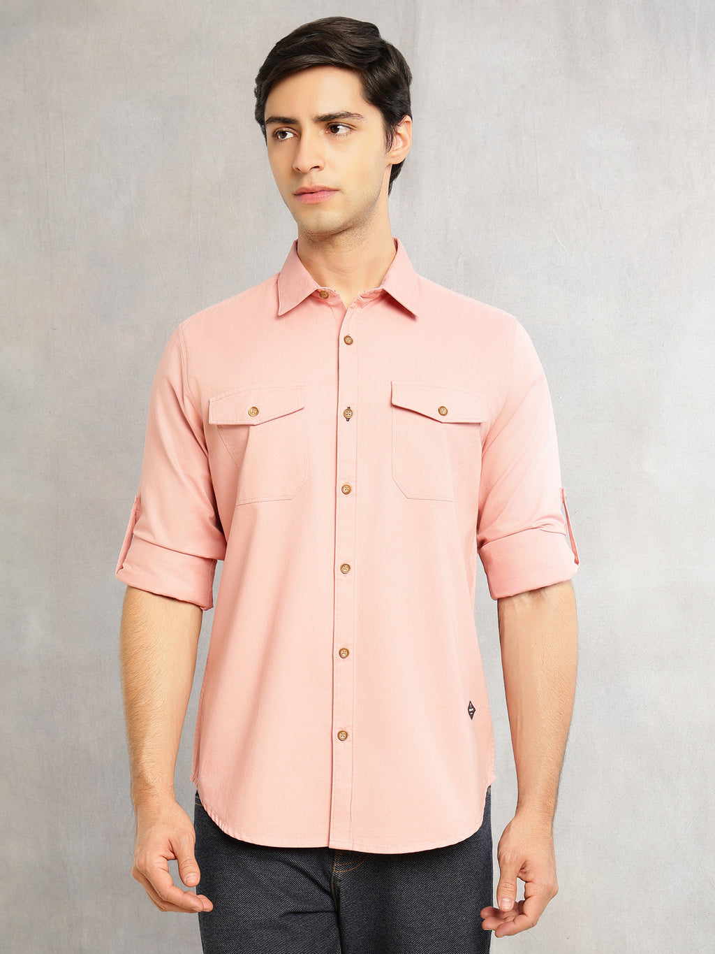 Thomas Scott Men Peach Regular Fit Long Roll-Up Sleeves Spread Collar Solid 100% Cotton Casual Shirt