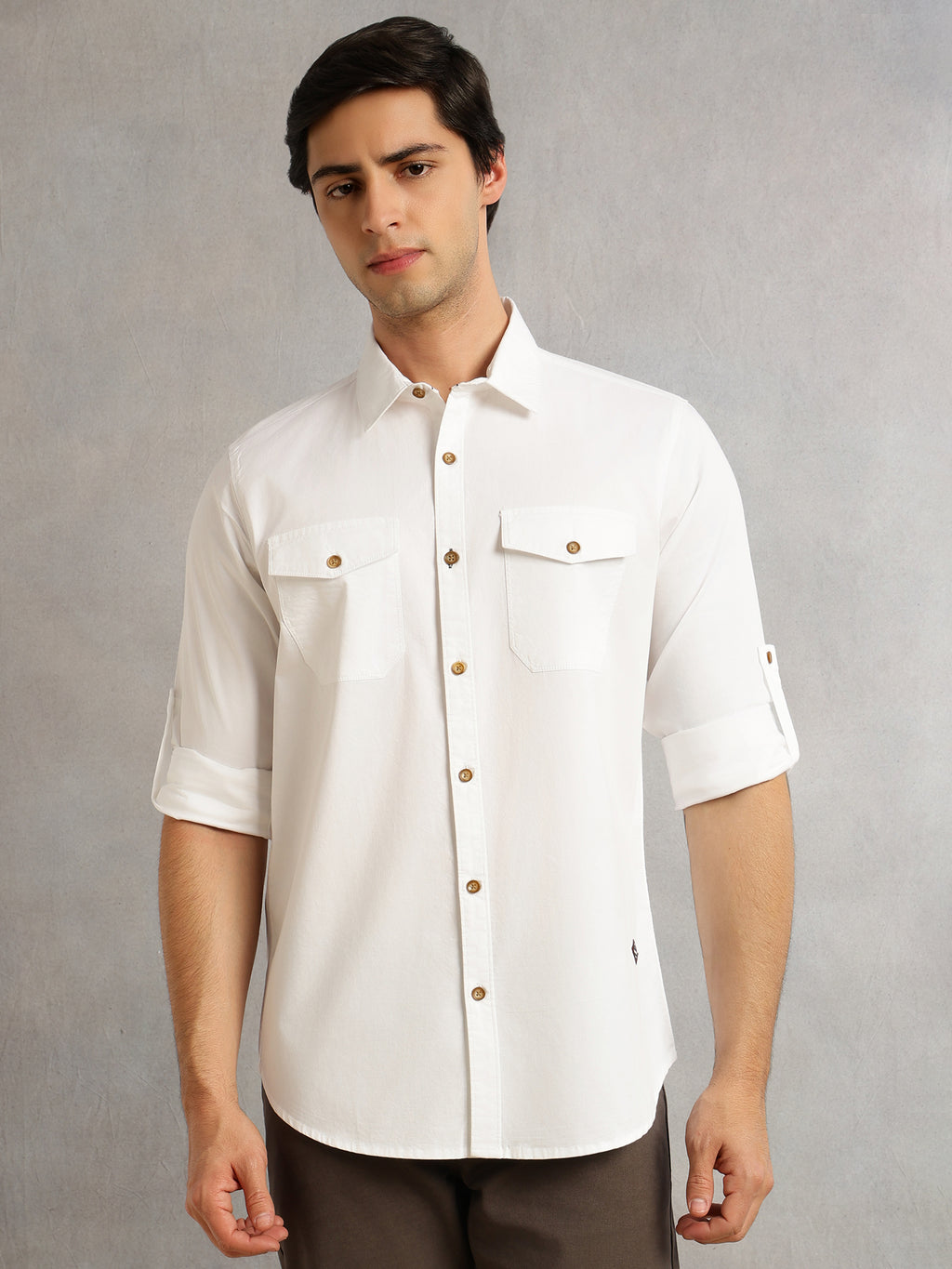 Thomas Scott Men White1 Regular Fit Long Roll-Up Sleeves Spread Collar Solid 100% Cotton Casual Shirt