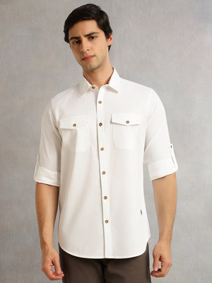 Thomas Scott Men White1 Regular Fit Long Roll-Up Sleeves Spread Collar Solid 100% Cotton Casual Shirt