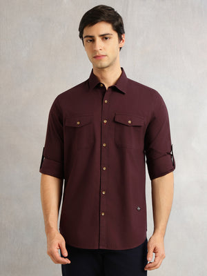 Thomas Scott Men Wine Slim Fit Long Sleeves Spread Collar Solid 100% Cotton Twill Casual Shirt