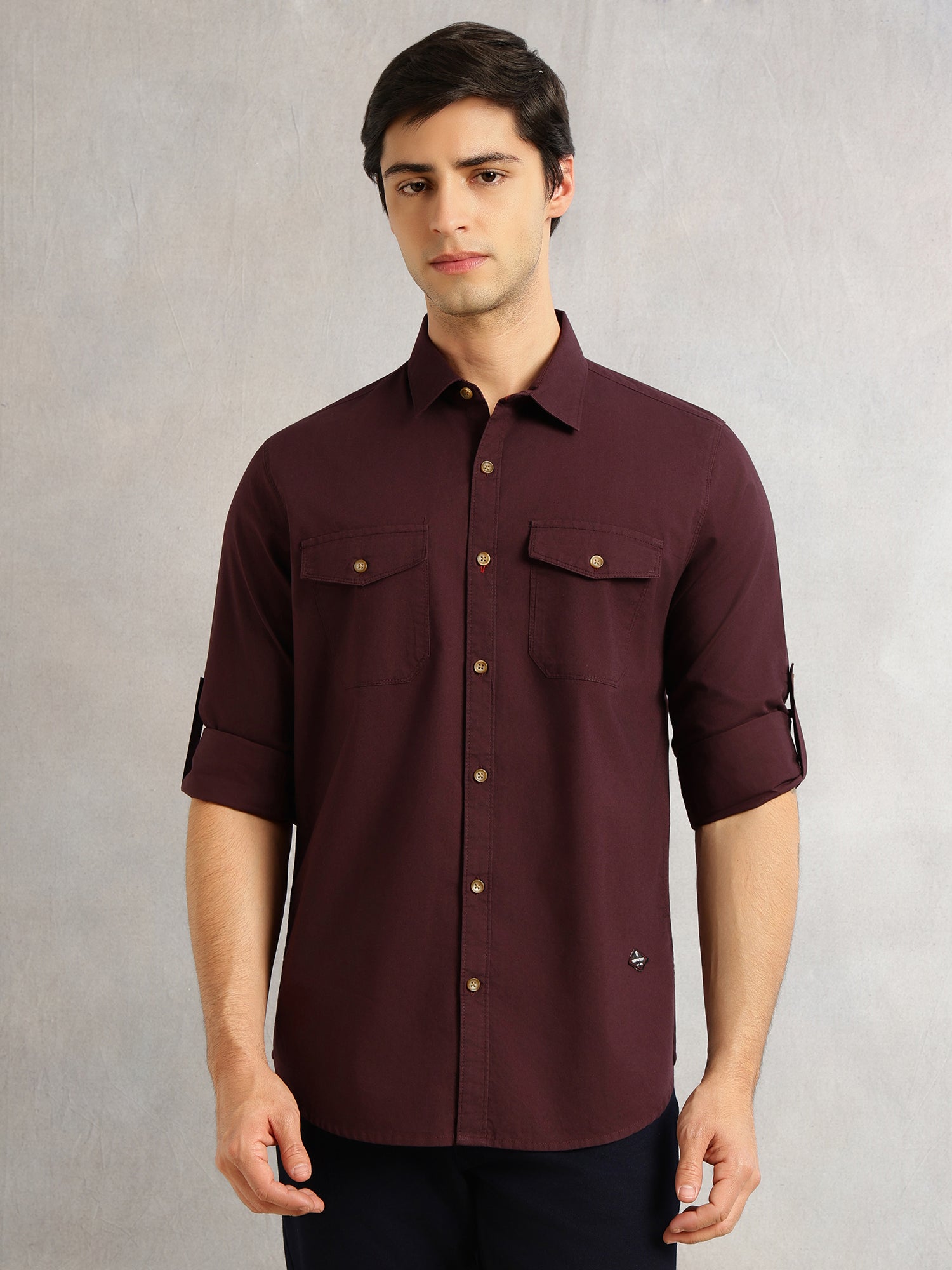 Thomas Scott Men Wine Slim Fit Long Sleeves Spread Collar Solid 100% Cotton Twill Casual Shirt