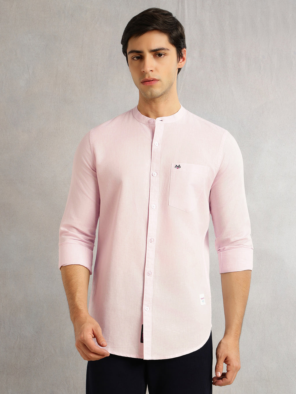Thomas Scott Men Pink Premium Slim Fit Long Sleeves Mandarin Collar Solid Cotton Linen Casual Shirt