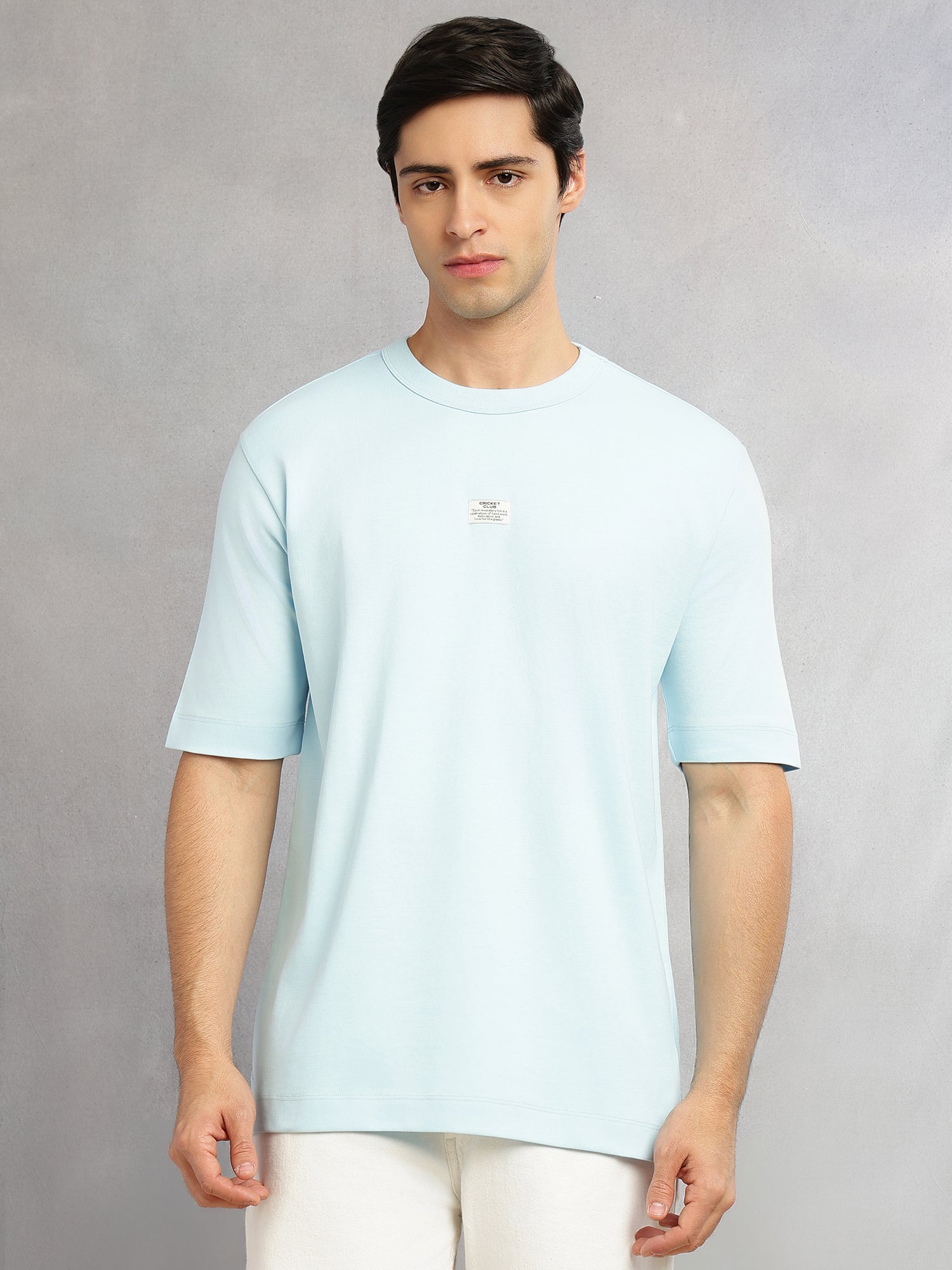 Thomas Scott Men Blue Cricket Club Collection Oversized Fit Round Neck Short Sleeves 100% Cotton Solid Knitted T-shirt