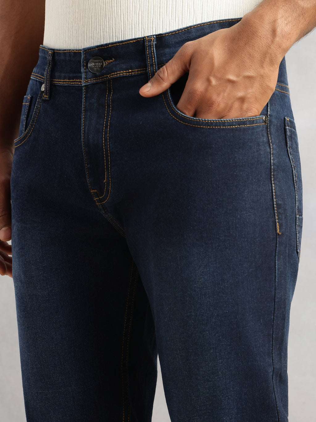 Thomas Scott Men Dark Blue Smart Slim Fit Dark Shade Mid-Rise Clean Look 5 Pocket Design Stretchable Jeans