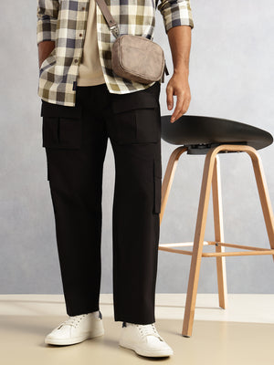 Thomas Scott Men Black Relaxed Loose Fit 100% Cotton Solid Drawstring Closure Woven Cargo Trouser