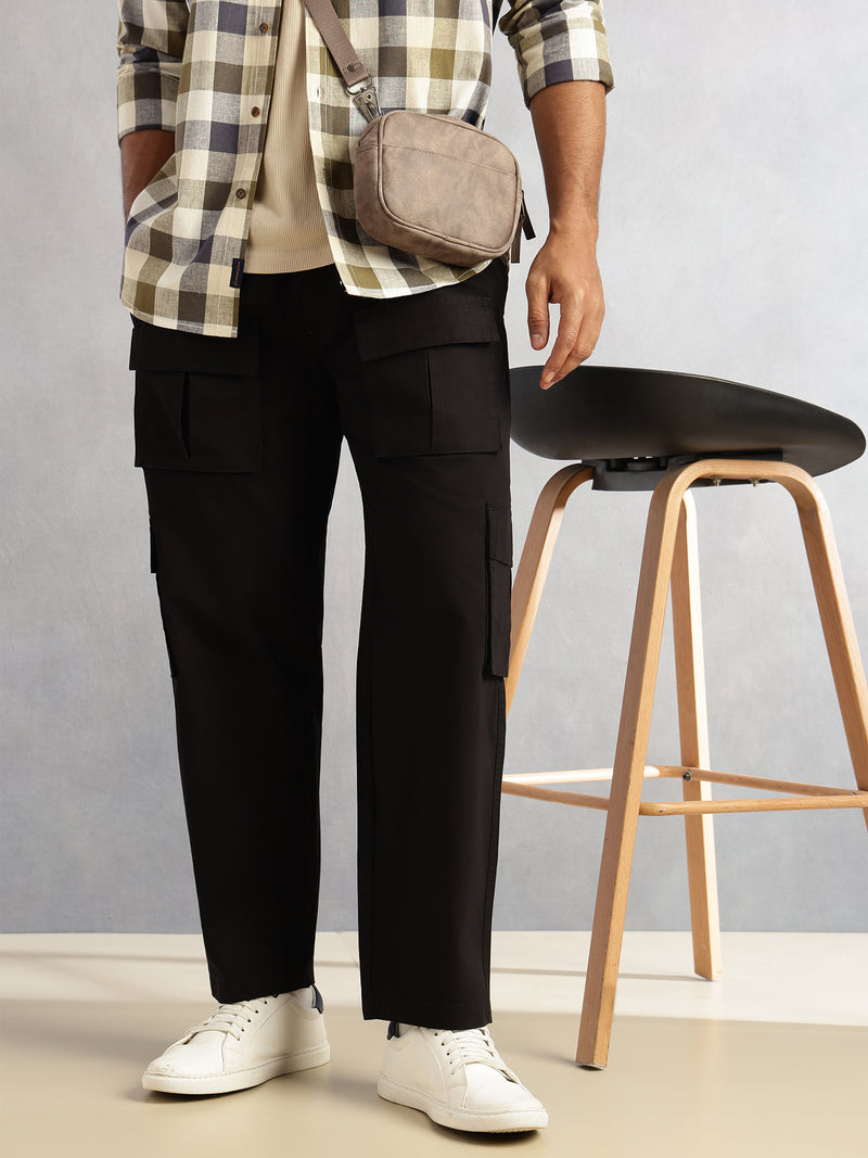 Thomas Scott Men Black Relaxed Loose Fit 100% Cotton Solid Drawstring Closure Woven Cargo Trouser