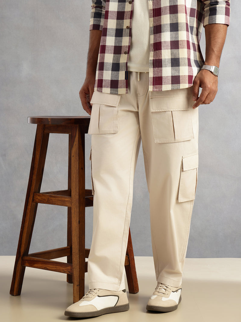 Thomas Scott Men Cream Relaxed Loose Fit 100% Cotton Solid Drawstring Closure Woven Cargo Trouser