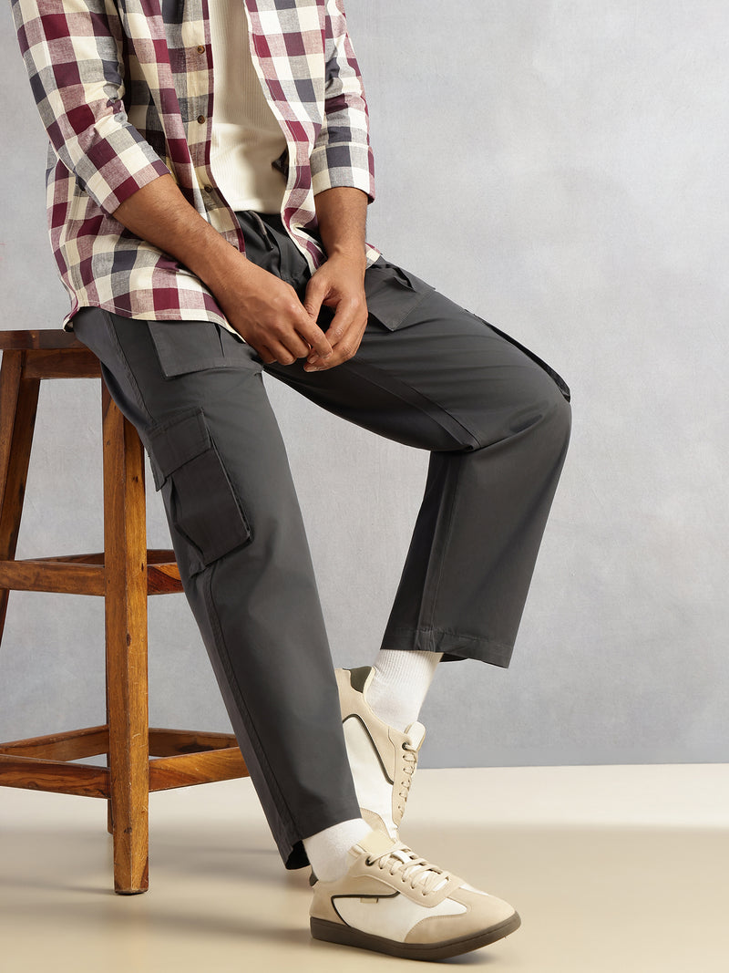 Thomas Scott Men Dark Grey Relaxed Loose Fit 100% Cotton Solid Drawstring Closure Woven Cargo Trouser