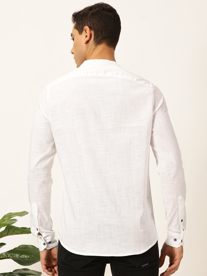 Thomas Scott Men White Slim Fit Long Sleeves Solid Mandarin Collar Cotton Linen Casual Shirt