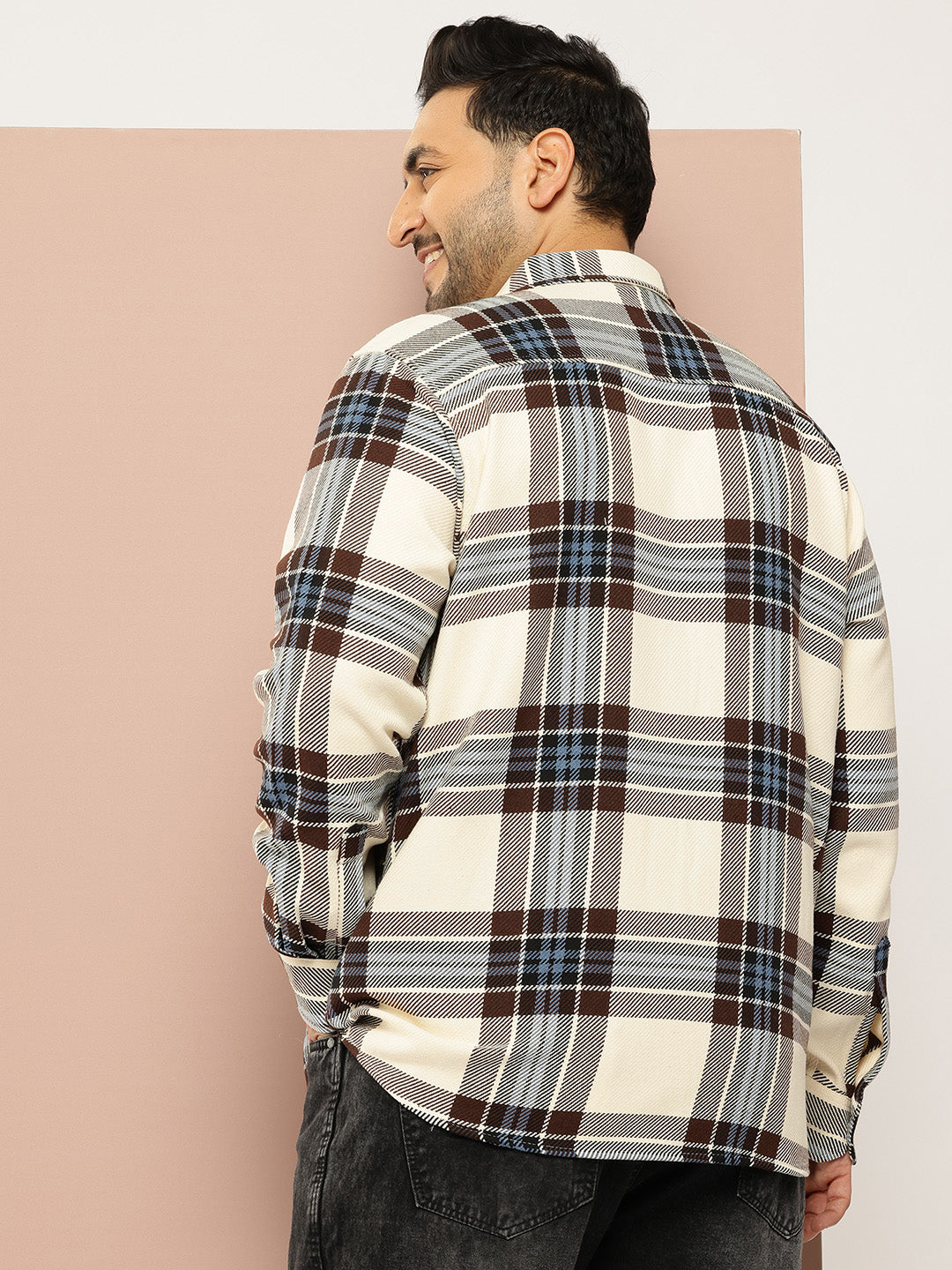 Thomas Scott Men Cream Plus Size Regular Fit Long Sleeves Spread Collar Windowpane Checks 100% Cotton Casual Shirt