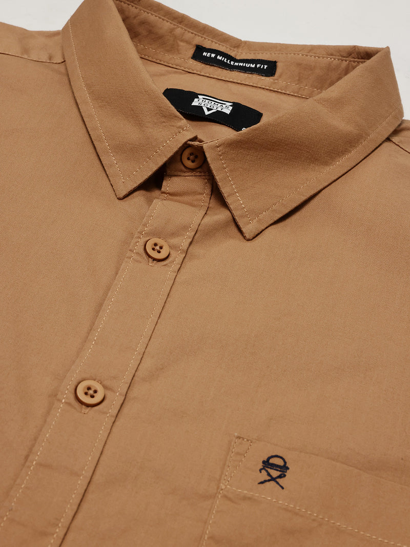 Thomas Scott Men Light Brown Cotton Casual Shirt Plus Size Regular Fit Spread Collar Long Sleeve