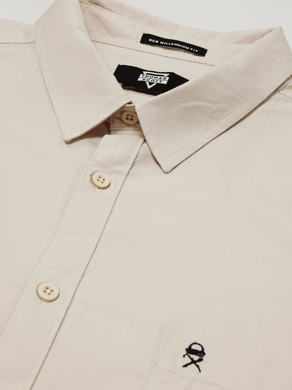 Thomas Scott Men Beige Cotton Casual Shirt Plus Size Regular Fit Spread Collar Long Sleeve
