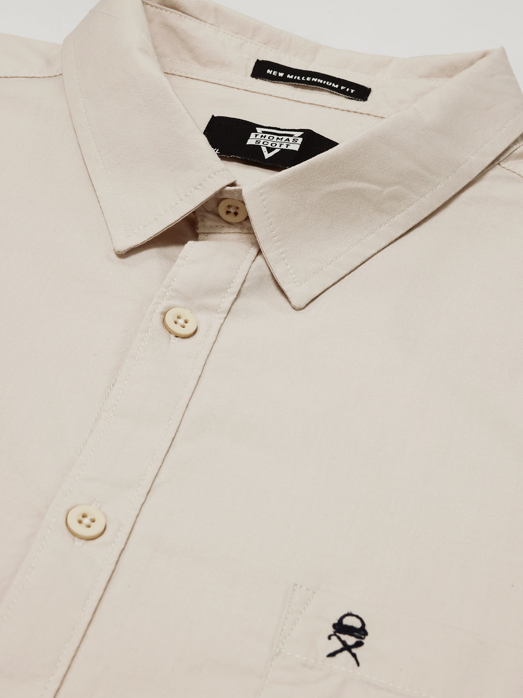 Thomas Scott Men Beige Cotton Casual Shirt Plus Size Regular Fit Spread Collar Long Sleeve
