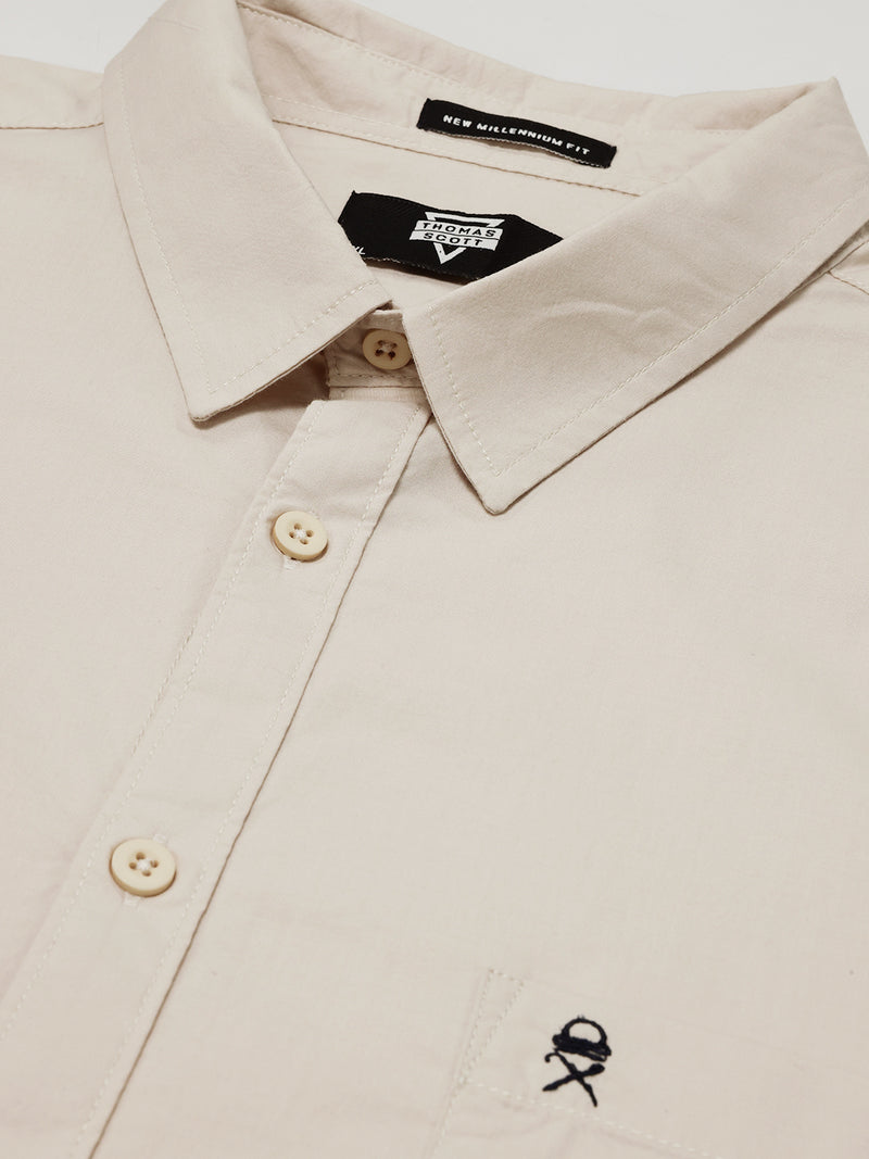 Thomas Scott Men Beige Cotton Casual Shirt Plus Size Regular Fit Spread Collar Long Sleeve