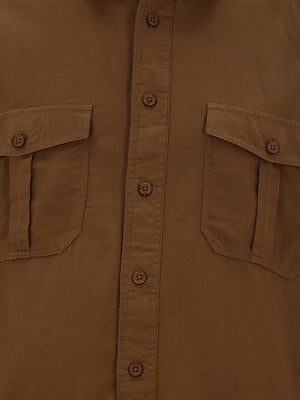 Thomas Scott Men Khaki Cotton Casual Shirt-Regular Fit Long Sleeve Textured Shirt with Spread Collar & Flap Pockets