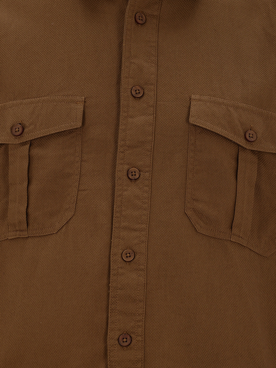 Thomas Scott Men Khaki Cotton Casual Shirt-Regular Fit Long Sleeve Textured Shirt with Spread Collar & Flap Pockets