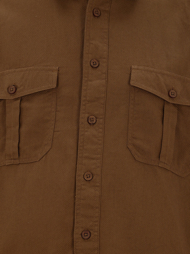 Thomas Scott Men Khaki Cotton Casual Shirt-Regular Fit Long Sleeve Textured Shirt with Spread Collar & Flap Pockets