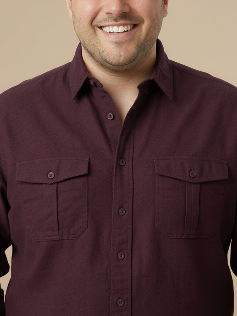 Thomas Scott Men Wine Cotton Casual Shirt-Regular Fit Long Sleeve Textured Shirt with Spread Collar & Flap Pockets