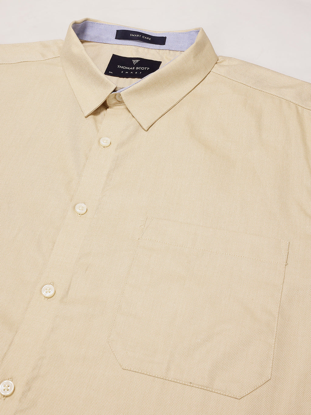 Thomas Scott Men Beige Plus Size Smart Long Sleeves Regular Fit Spread Collar Solid 100% Cotton Formal Shirt