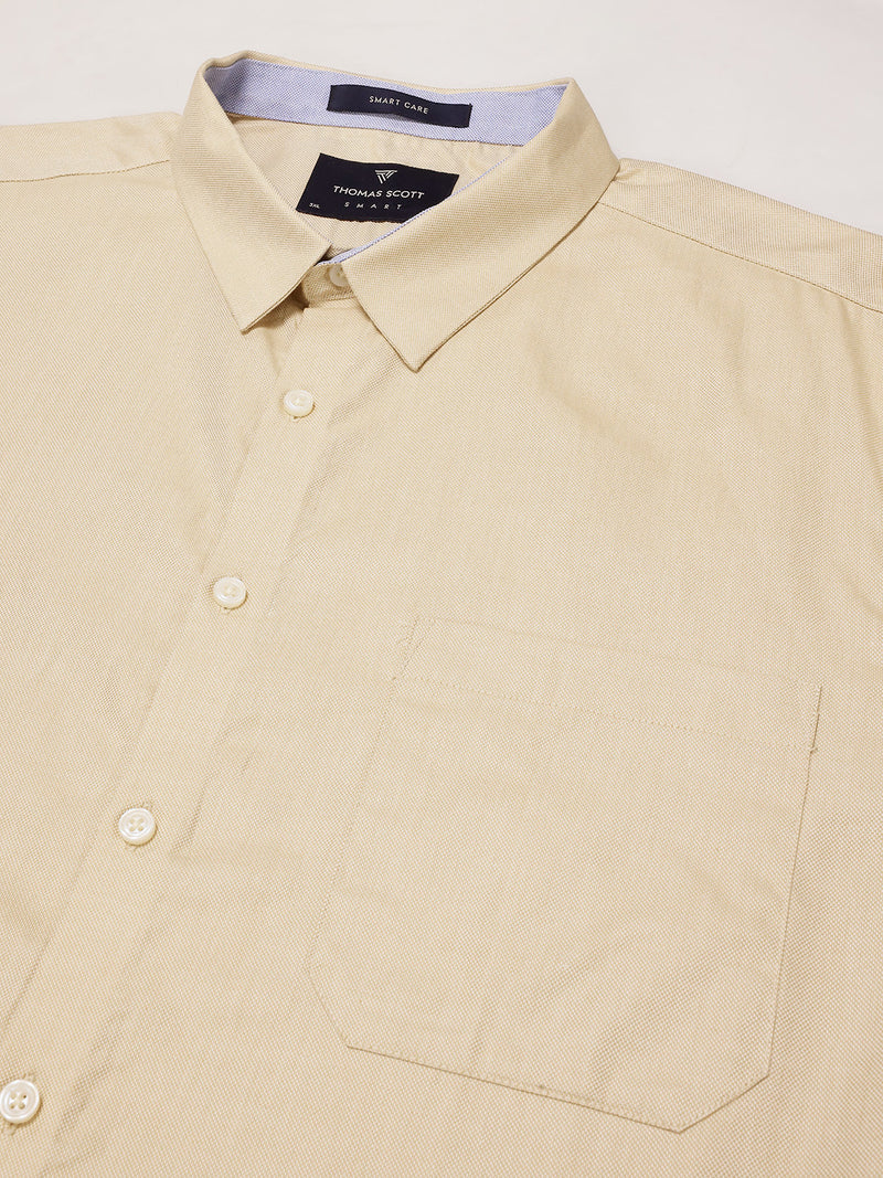 Thomas Scott Men Beige Plus Size Smart Long Sleeves Regular Fit Spread Collar Solid 100% Cotton Formal Shirt
