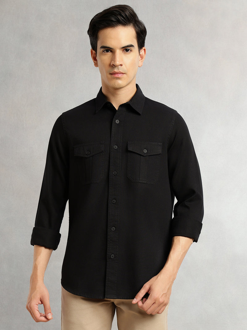 Thomas Scott Men Black Cricket Club Collection Men Slim Fit Cotton Casual Shirt-Dual Flap Pocket