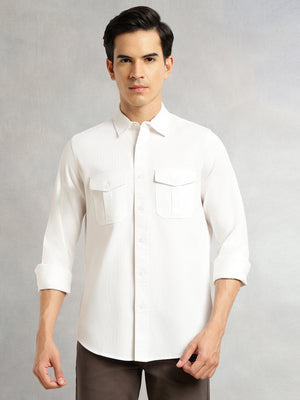 Thomas Scott Men White Cricket Club Collection Men Slim Fit Cotton Casual Shirt-Dual Flap Pocket