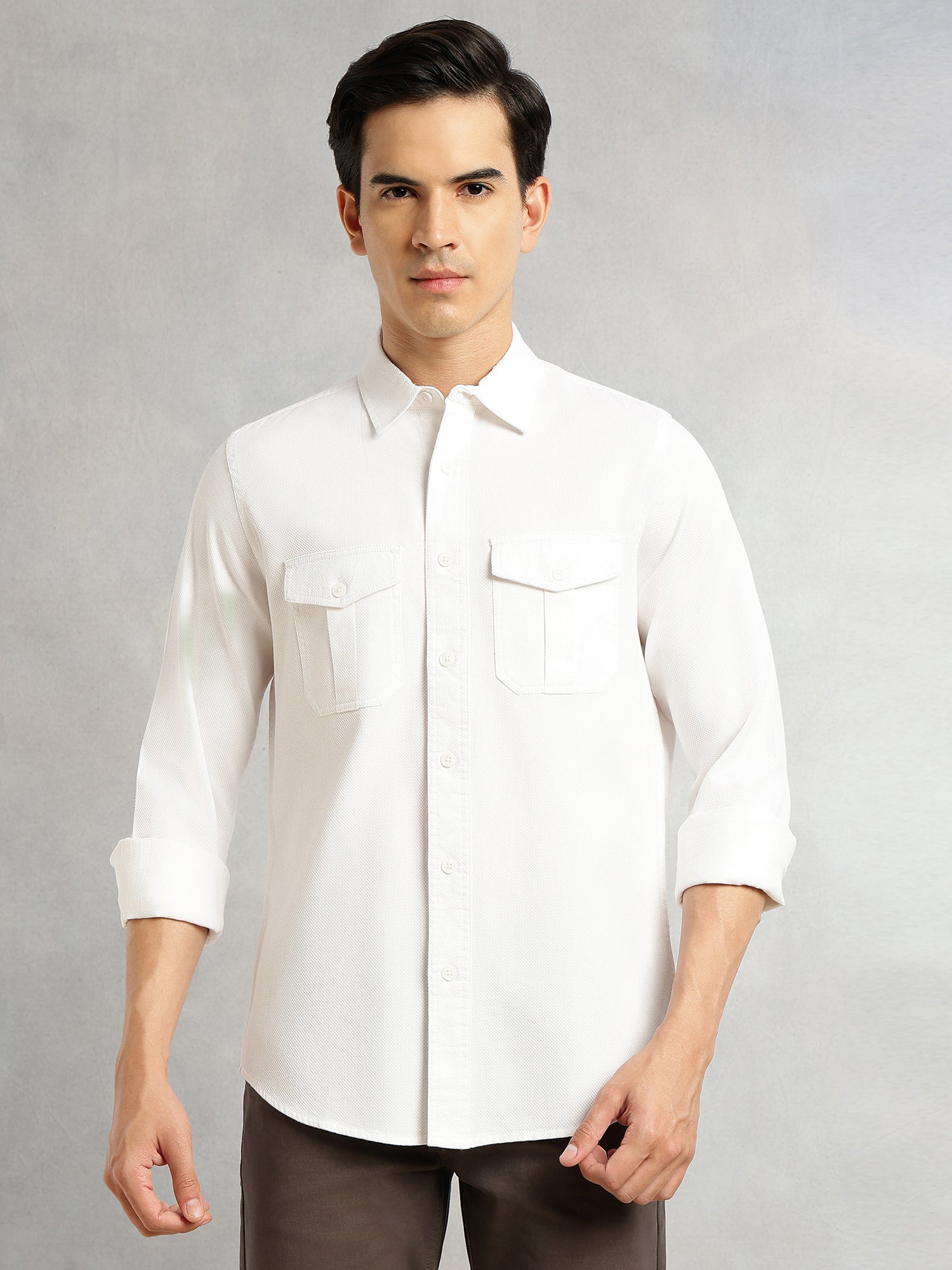 Thomas Scott Men White Cricket Club Collection Men Slim Fit Cotton Casual Shirt-Dual Flap Pocket