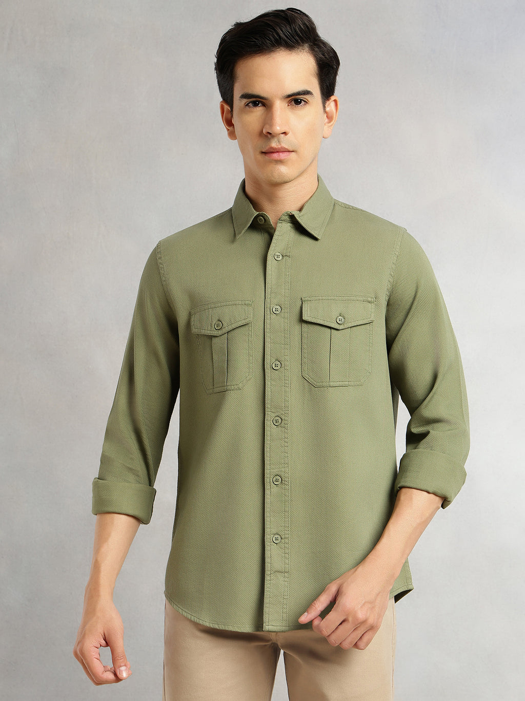 Thomas Scott Men Olive Cricket Club Collection Men Slim Fit Cotton Casual Shirt-Dual Flap Pocket