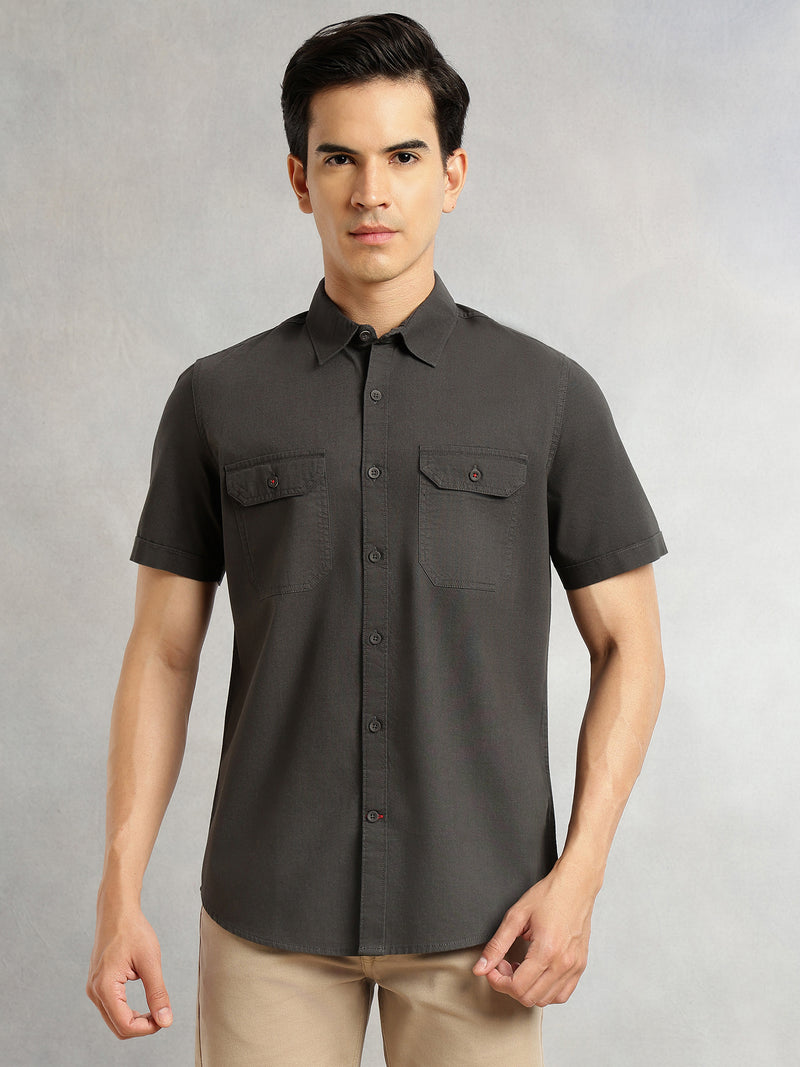 Thomas Scott Men Steel Grey Men Cricket Club Collection Premium Slim Fit Casual Shirt-Dual Flap Pockets With Short Sleeves