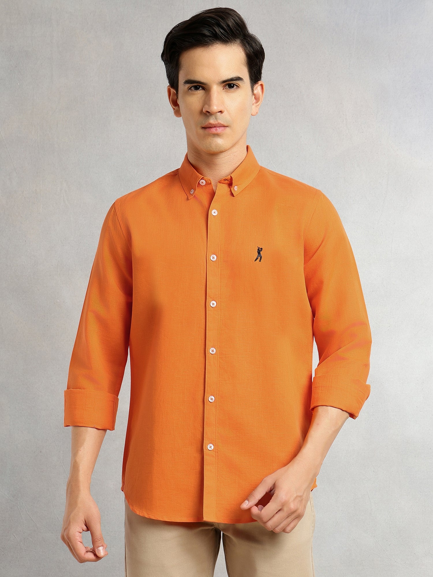 Thomas Scott Men Orange Premium Cricket Club Collection Slim Fit Button Down Collar Cotton Linen Casual Shirt