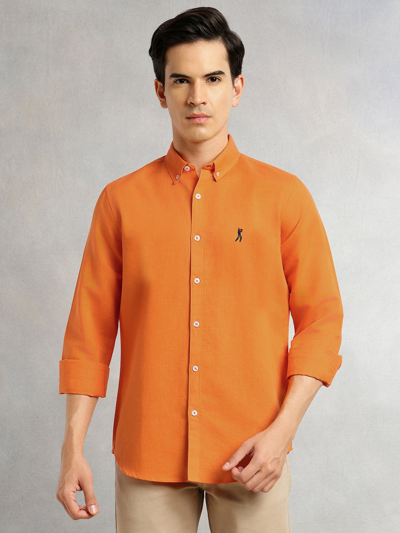 Thomas Scott Men Orange Premium Cricket Club Collection Slim Fit Button Down Collar Cotton Linen Casual Shirt