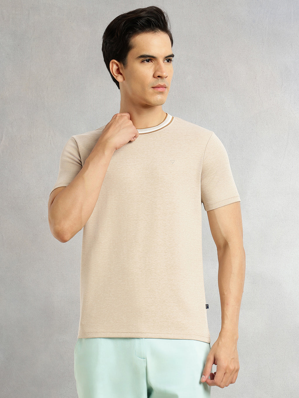 Thomas Scott Men Beige Regular Fit Short Sleeves Round Neck Solid Knitted Tshirt