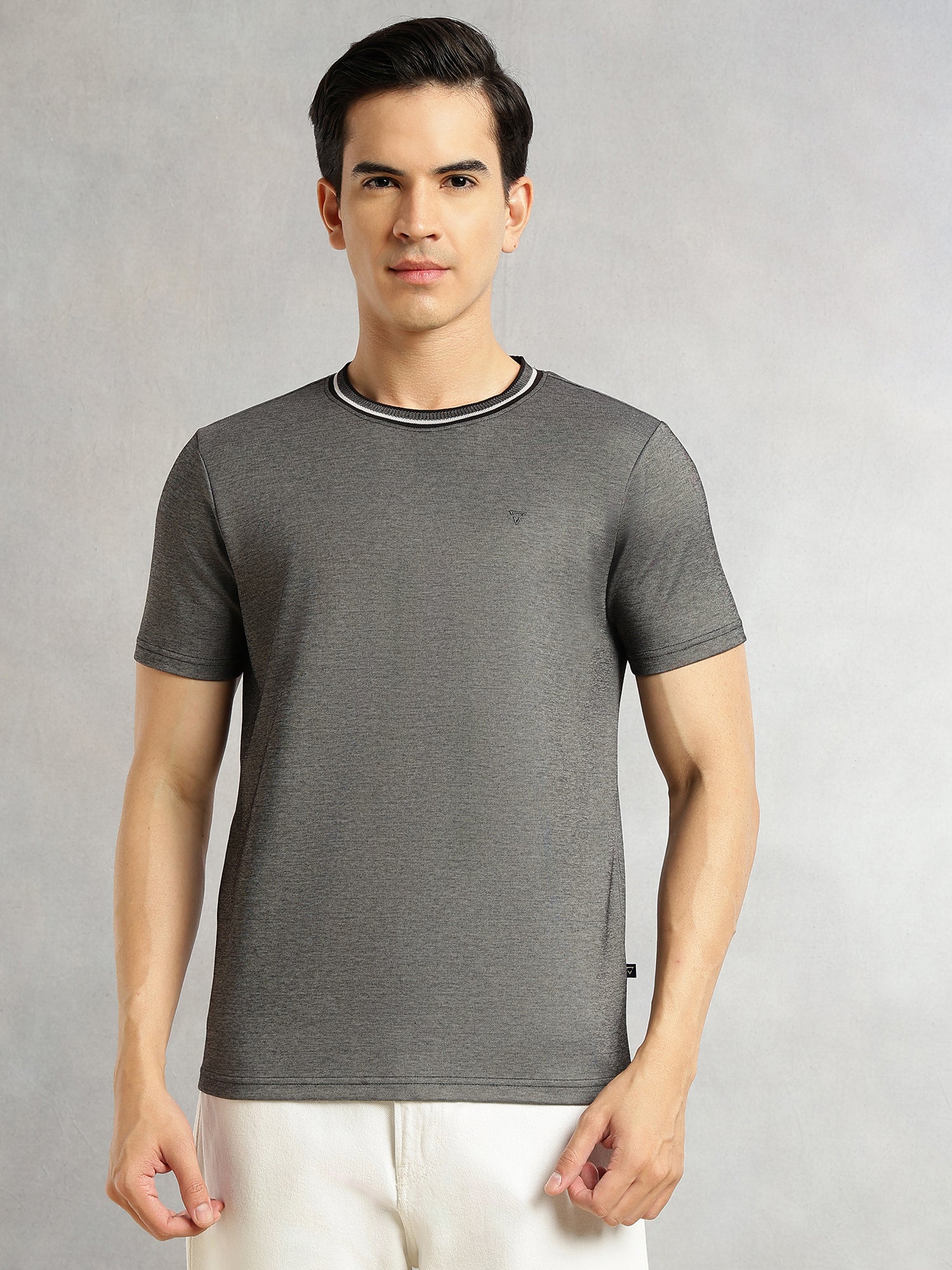 Thomas Scott Men Black Regular Fit Short Sleeves Round Neck Solid Knitted Tshirt