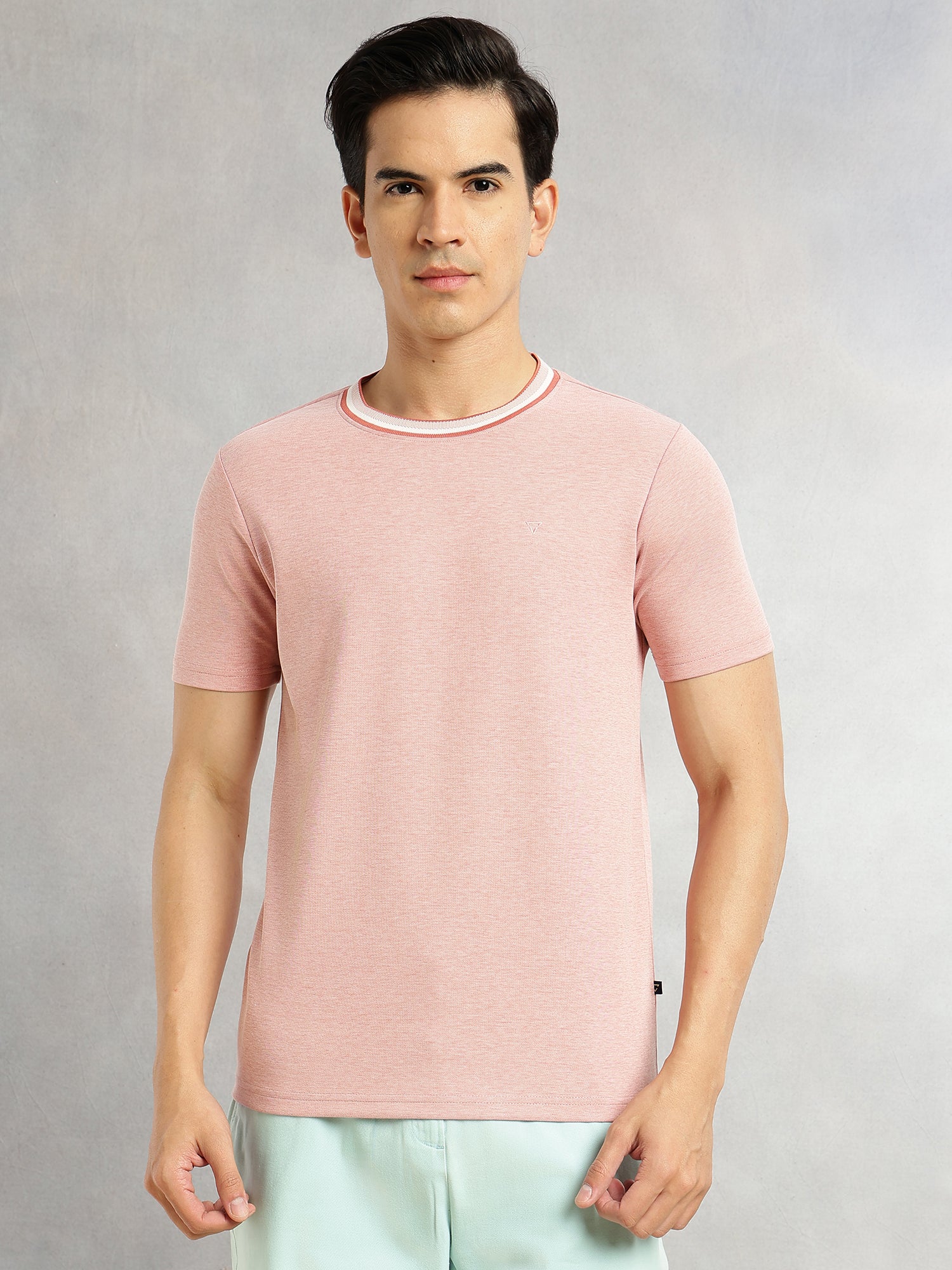 Thomas Scott Men Peach Regular Fit Short Sleeves Round Neck Solid Knitted Tshirt
