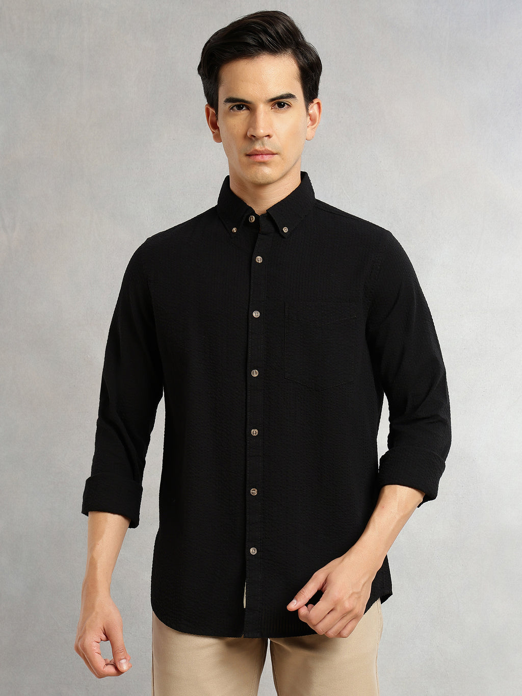 Thomas Scott Men Black Premium Slim Fit Long Regular Sleeves Button-Down Collar Pinstripes 100% Cotton Seersucker Casual Shirt