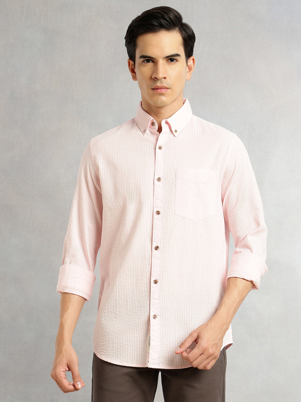 Thomas Scott Men Pink Premium Slim Fit Long Regular Sleeves Button-Down Collar Pinstripes 100% Cotton Seersucker Casual Shirt