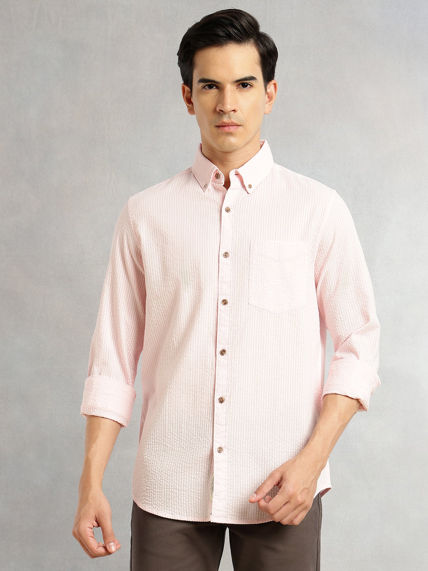 Thomas Scott Men Pink Premium Slim Fit Long Regular Sleeves Button-Down Collar Pinstripes 100% Cotton Seersucker Casual Shirt