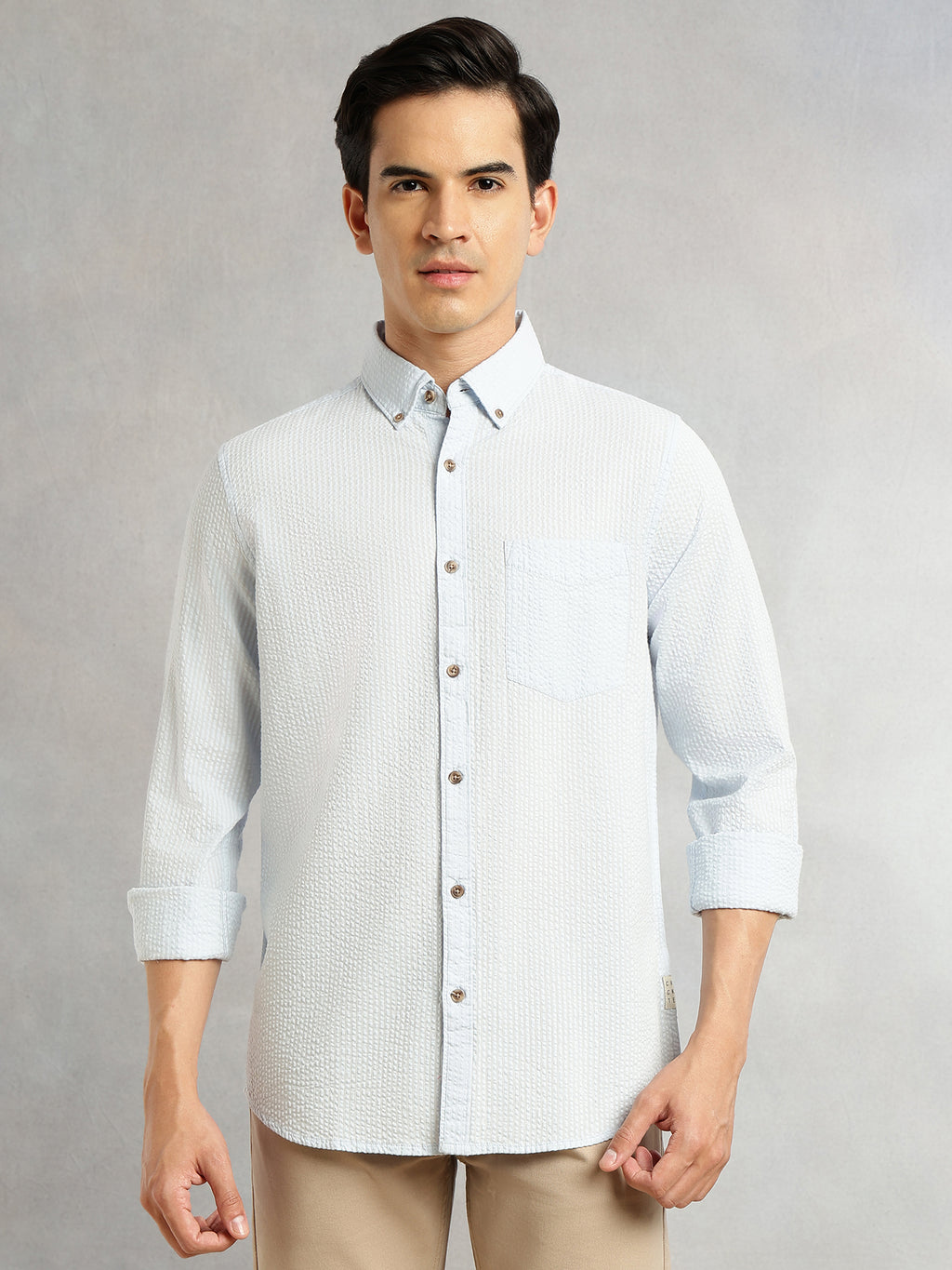 Thomas Scott Men Sky Blue Premium Slim Fit Long Regular Sleeves Button-Down Collar Pinstripes 100% Cotton Seersucker Casual Shirt
