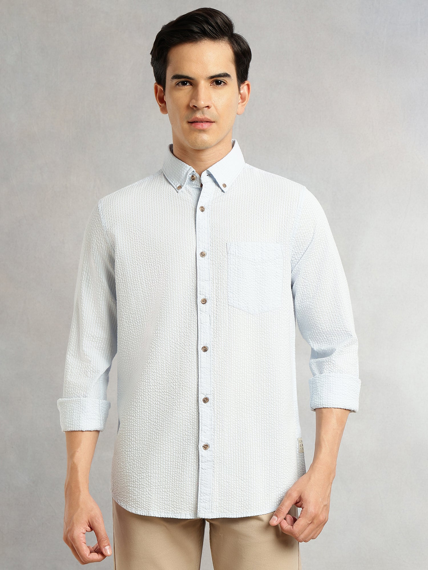 Thomas Scott Men Sky Blue Premium Slim Fit Long Regular Sleeves Button-Down Collar Pinstripes 100% Cotton Seersucker Casual Shirt