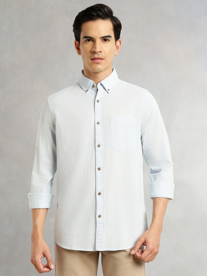 Thomas Scott Men Sky Blue Premium Slim Fit Long Regular Sleeves Button-Down Collar Pinstripes 100% Cotton Seersucker Casual Shirt