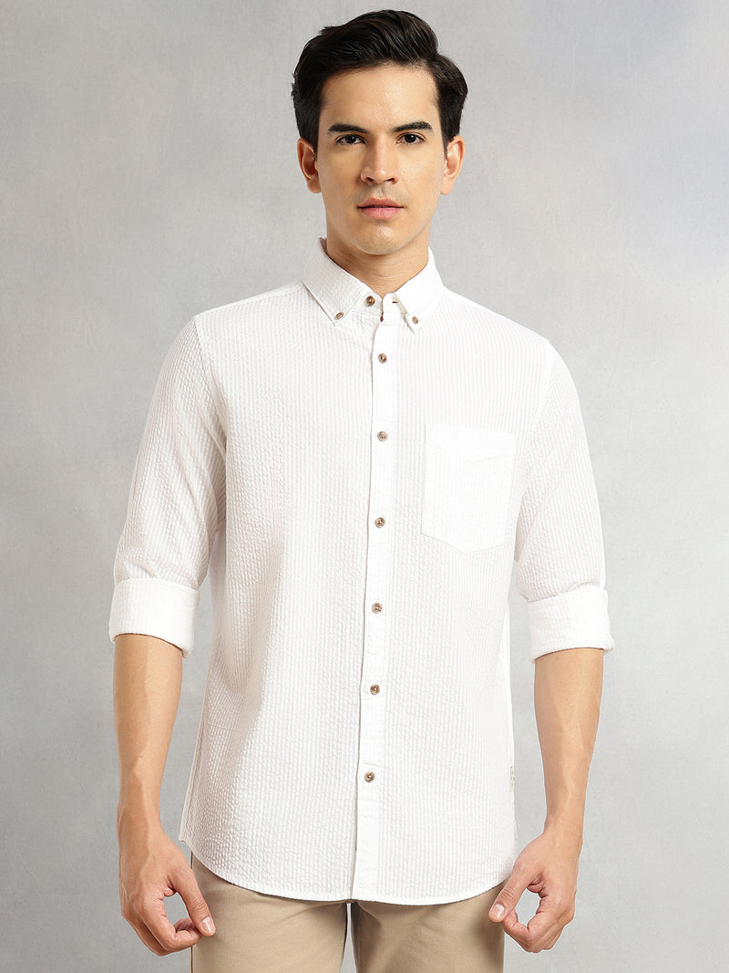 Thomas Scott Men White Premium Slim Fit Long Regular Sleeves Button-Down Collar Pinstripes 100% Cotton Seersucker Casual Shirt