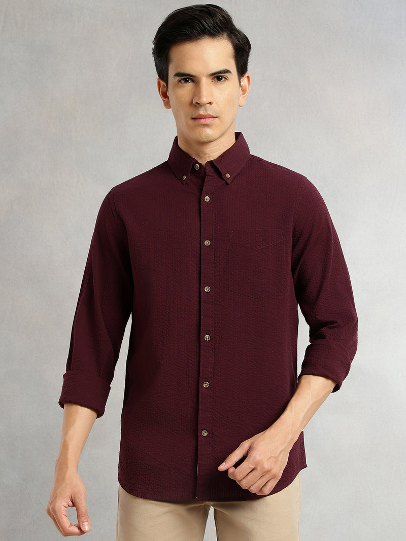 Thomas Scott Men Wine Premium Slim Fit Long Regular Sleeves Button-Down Collar Pinstripes 100% Cotton Seersucker Casual Shirt