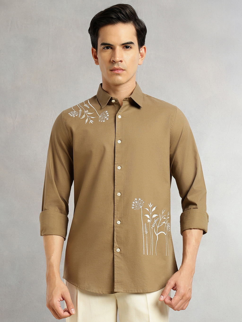 Thomas Scott Men Khaki Regular Fit Long Sleeves Spread Collar Oxford Embroidered Shirt