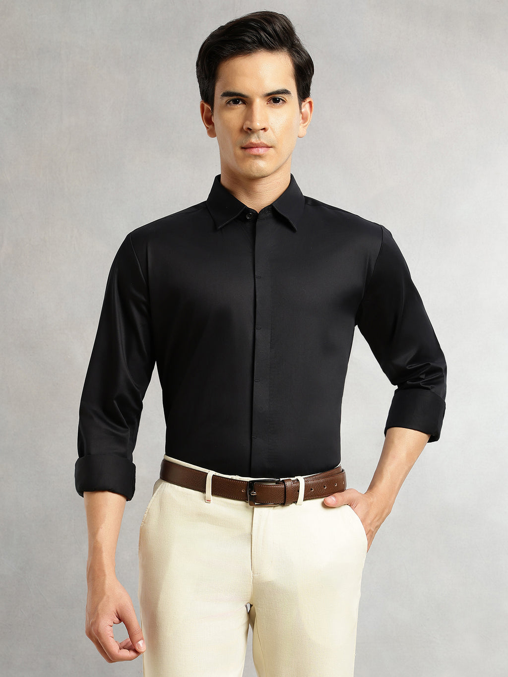 Thomas Scott Men Black Premium Long Sleeves Regular Fit Spread Collar Solid 100% Cotton Formal Shirt