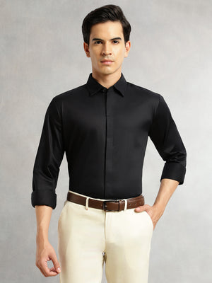 Thomas Scott Men Black Premium Long Sleeves Regular Fit Spread Collar Solid 100% Cotton Formal Shirt