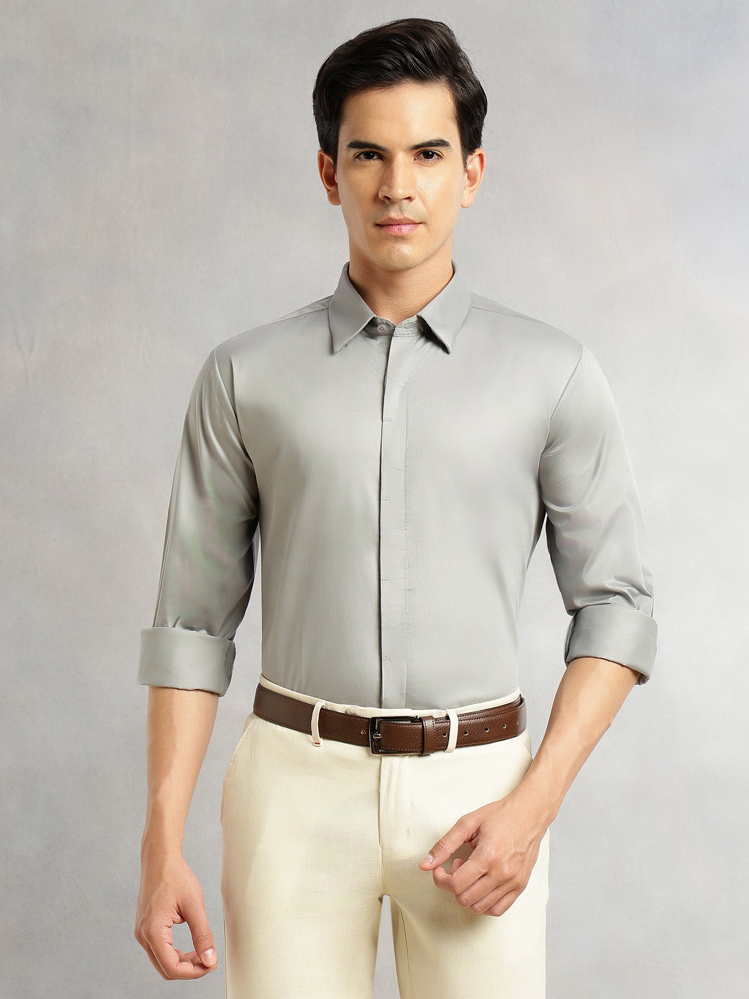 Thomas Scott Men Grey Premium Long Sleeves Regular Fit Spread Collar Solid 100% Cotton Formal Shirt