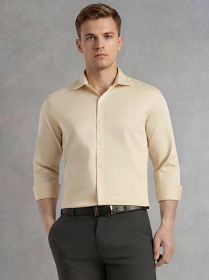Thomas Scott Men Beige Regular Fit Long Sleeves Spread Collar Solid 100% Cotton Formal Shirt