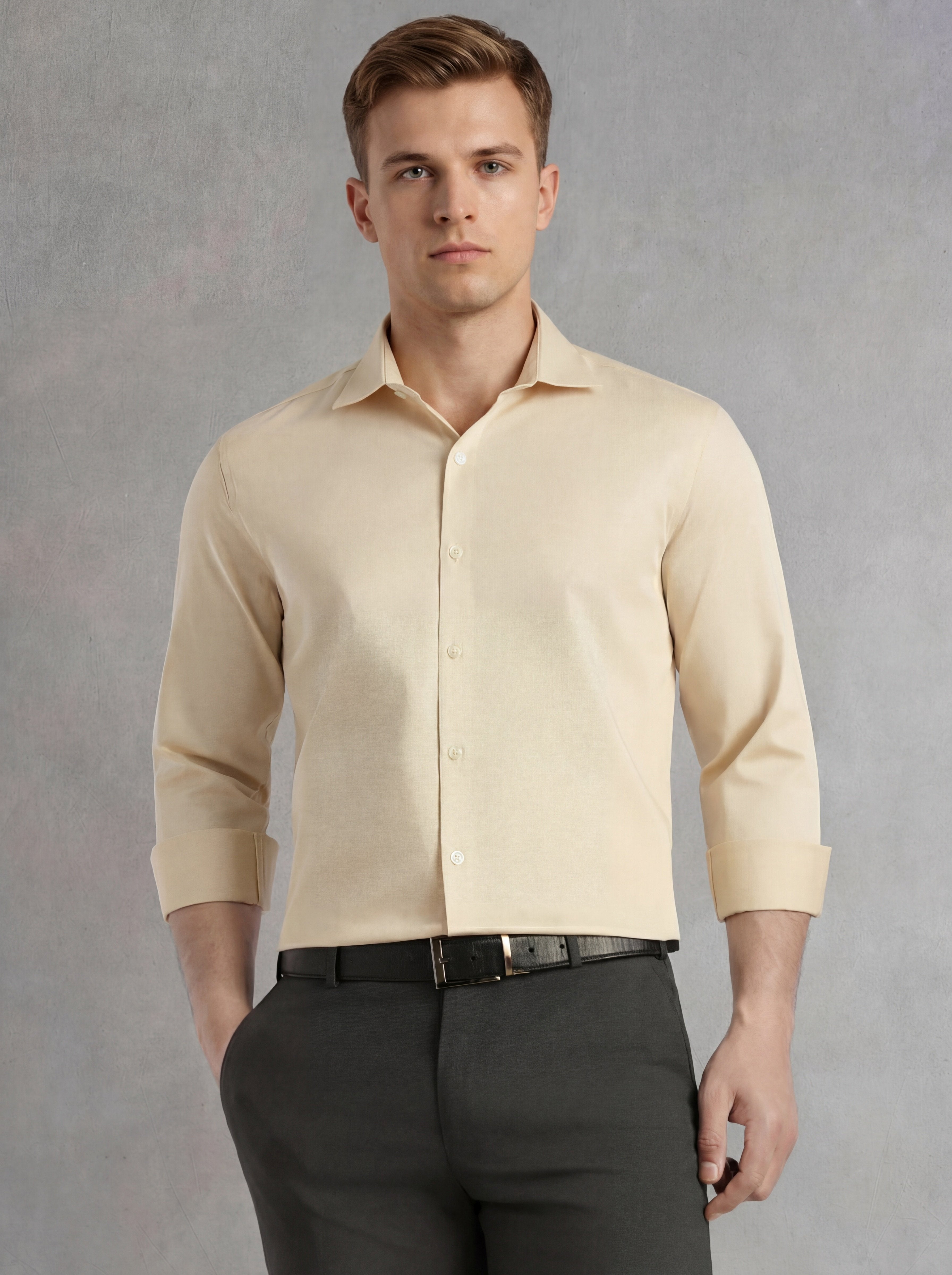 Thomas Scott Men Beige Regular Fit Long Sleeves Spread Collar Solid 100% Cotton Formal Shirt