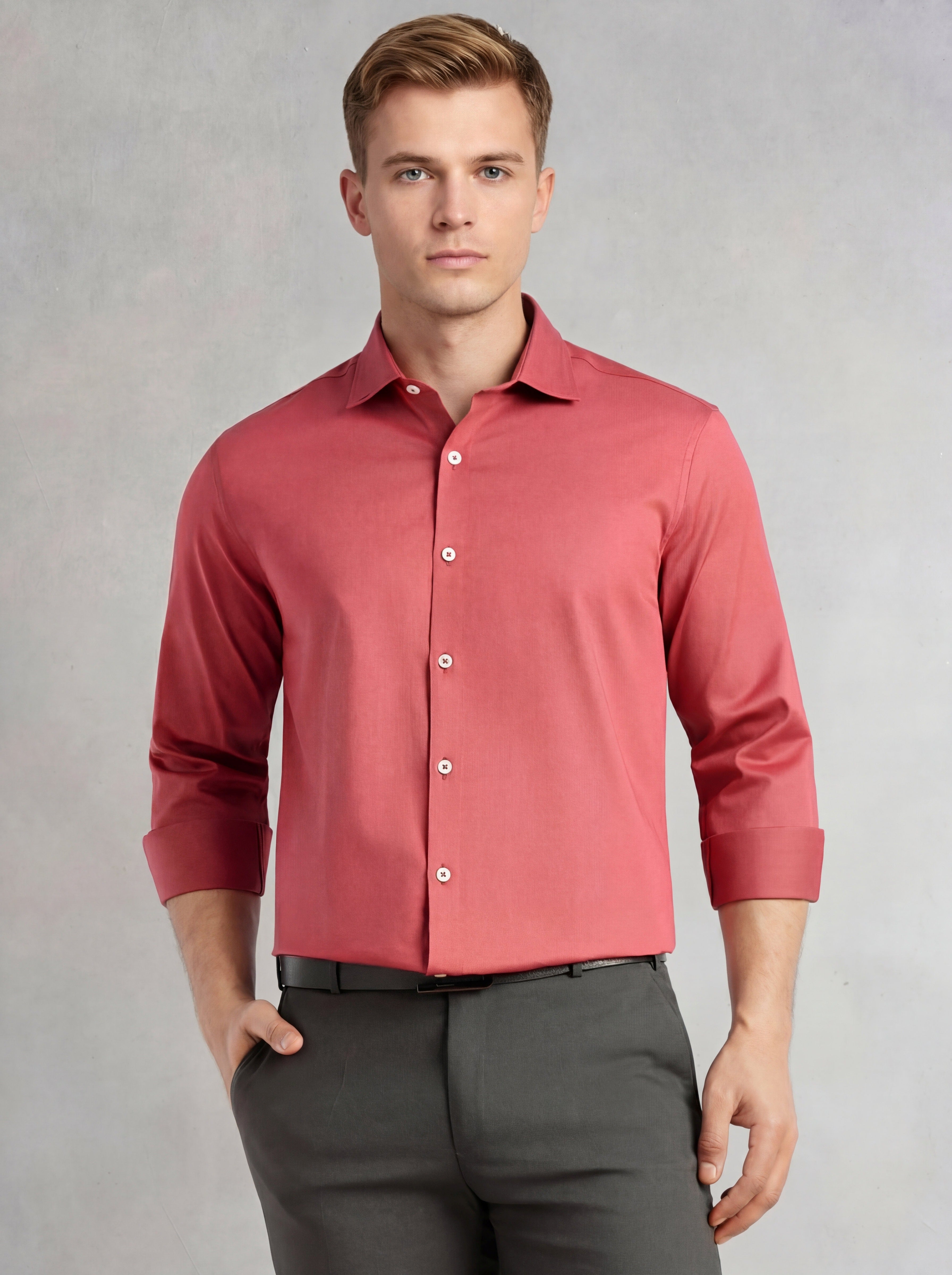 Thomas Scott Men Dark Peach Regular Fit Long Sleeves Spread Collar Solid 100% Cotton Formal Shirt