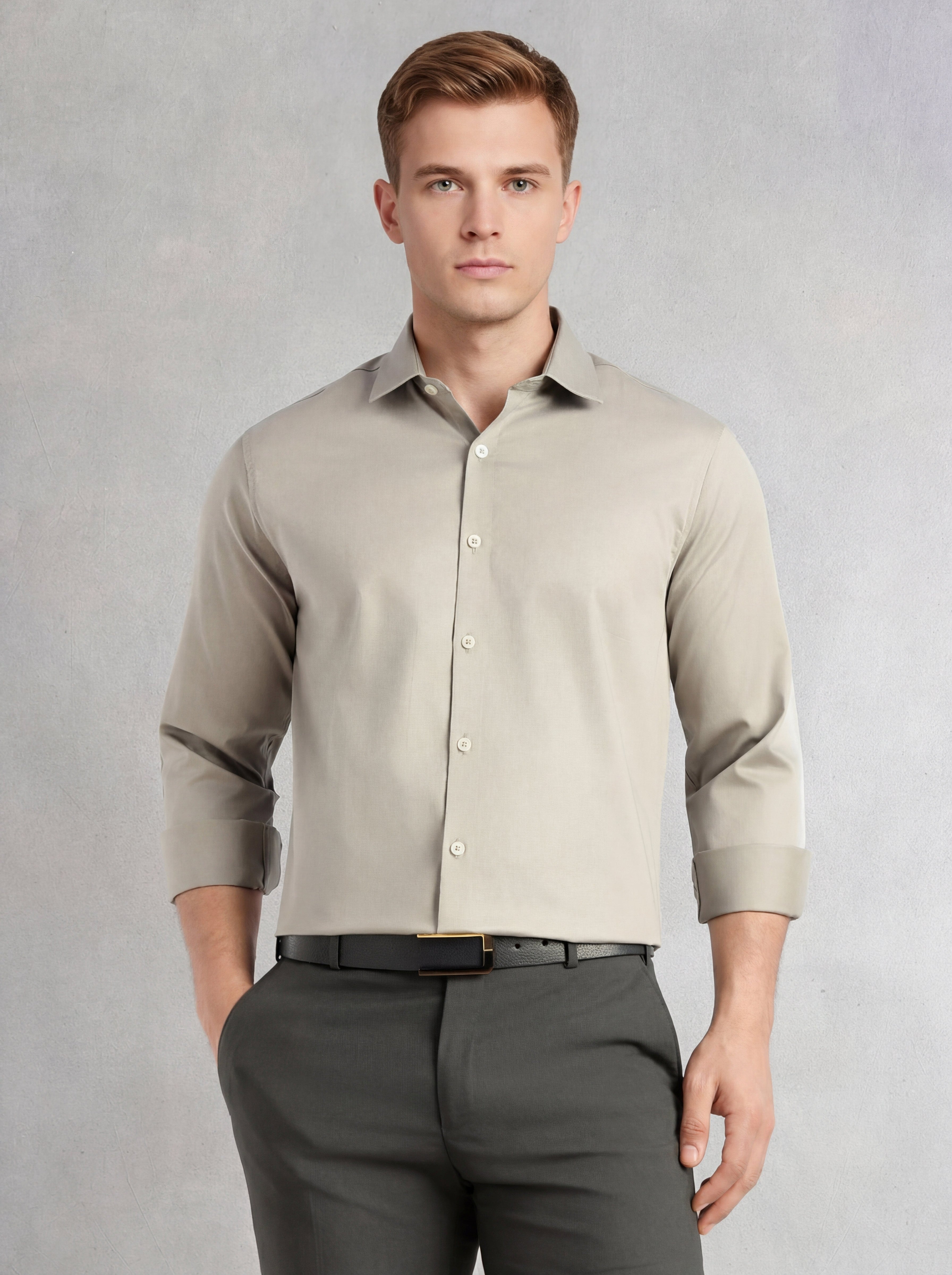 Thomas Scott Men Light Grey Regular Fit Long Sleeves Spread Collar Solid 100% Cotton Formal Shirt